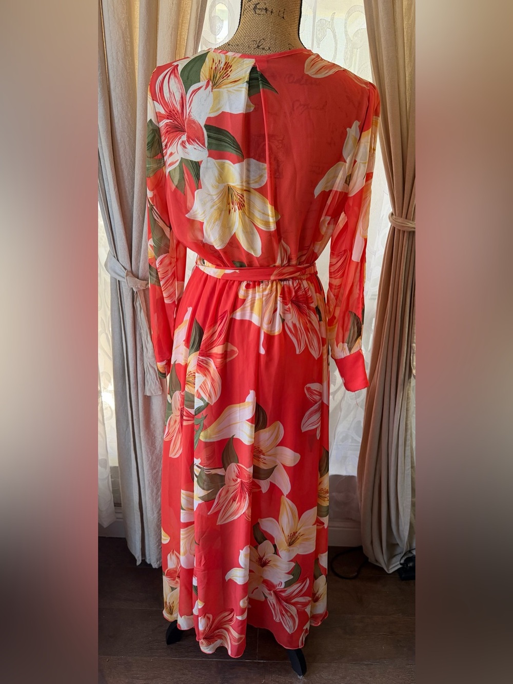 Kate & Lily Coral Floral Chiffon Wrap Maxi Dress Long Sleeve Belted Size 8 - Picture 6 of 11